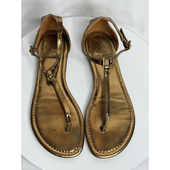 Tory Burch Metallic Leather T Strap Thong Sandals US 7.5 Gold Logo Flats - Picture 7 of 9